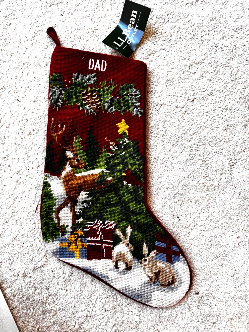 L.L.Bean Dad Deer Woodland Needlepoint Christmas Stocking NWT Discontinued Desig